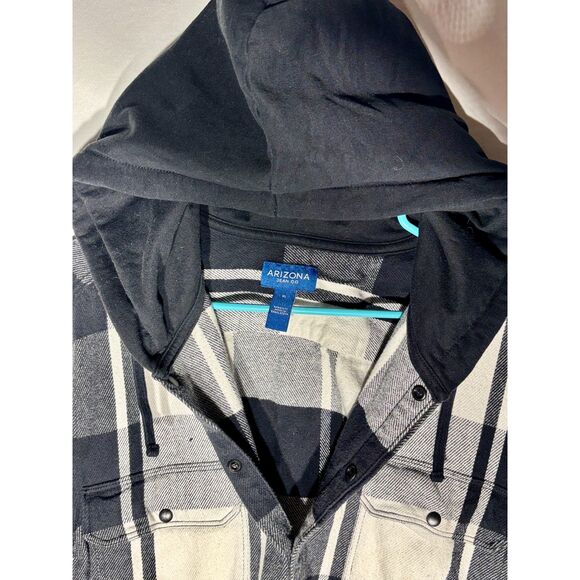 Arizona Jean Co Flannel Shirt Jacket Black White Plaid Hooded Button‑Up M - Picture 4 of 5